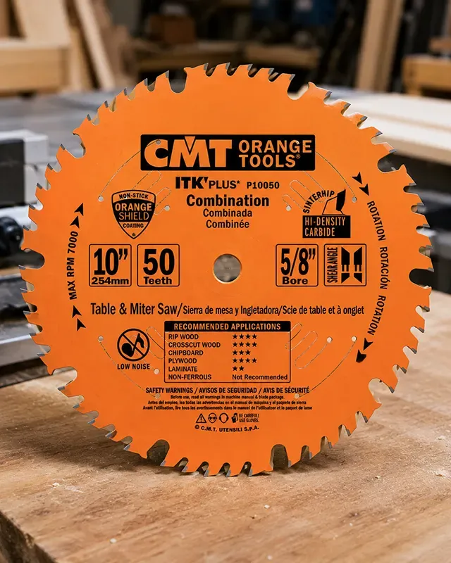 CMT Orange Tools 10-inch combination table saw blade on a workshop surface