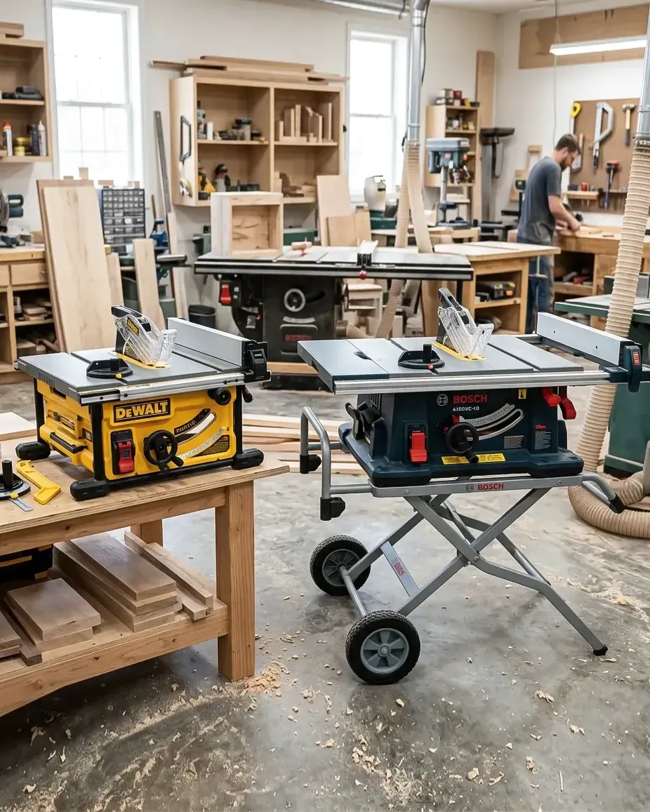 A side-by-side comparison of an 8-1/4-inch lightweight compact table saw and a larger 10-inch jobsite table saw on a rolling stand