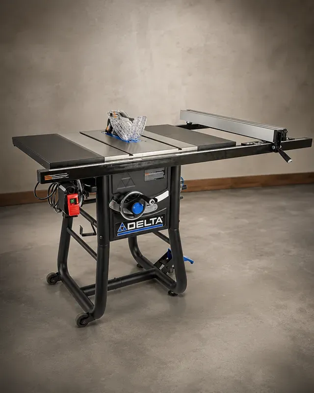 Delta 36-725T2 contractor table saw with cast iron table, T-square fence, and tubular mobile base