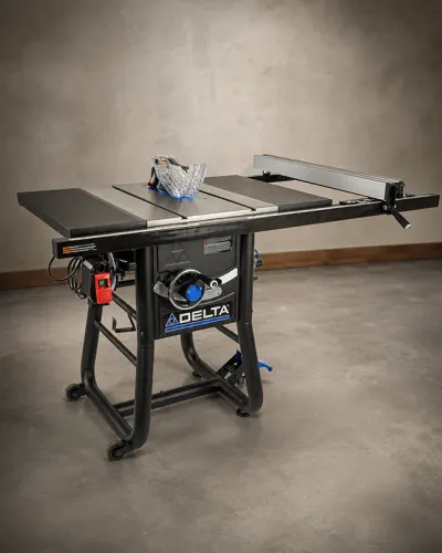 Delta 36-725T2 contractor table saw with cast iron table, T-square fence, and tubular mobile base