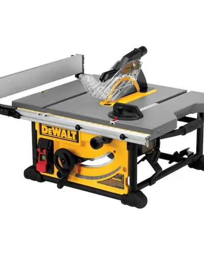 DeWalt DWE7491RS 10-inch jobsite table saw set up on its rolling stand in a workshop environment