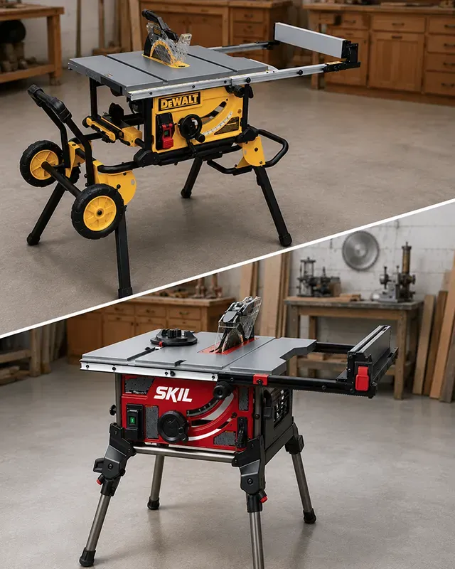 DeWalt DWE7491RS and Skil TS6307-00 table saws shown side by side emphasizing their fence and stand designs.