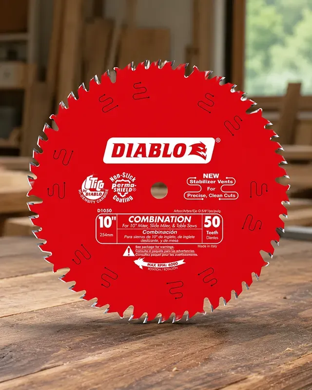 Close-up of the Diablo D1050X 50-tooth combination table saw blade showing the tooth grouping and stabilizer vents