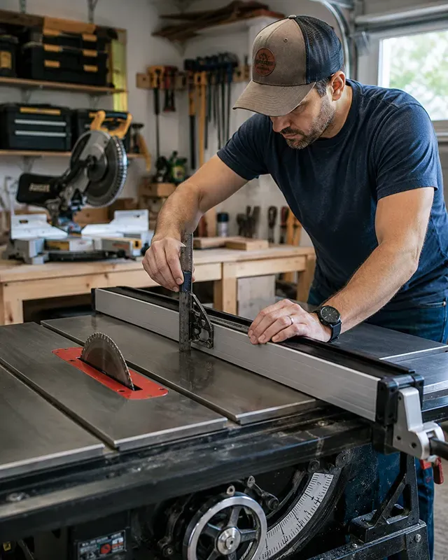 A woodworker checking the alignment of a table saw fence with a combination square in a garage workshop.