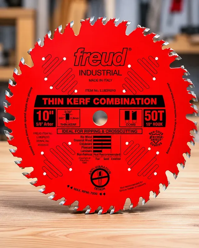 Close-up view of the Freud LU83R010 thin-kerf combination table saw blade showing the tooth geometry and laser-cut body slots