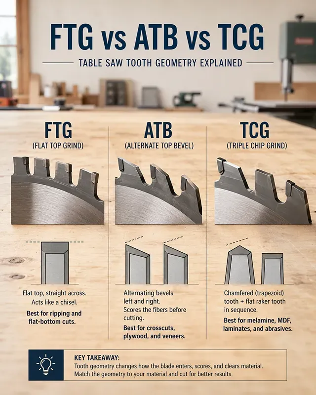 Diagram comparing FTG, ATB, and TCG table saw blade tooth profiles