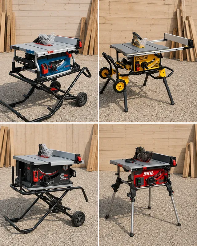 “Four portable jobsite table saws shown in a comparison grid to illustrate fence systems, mobile stands, and support designs”