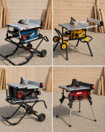 “Four portable jobsite table saws shown in a comparison grid to illustrate fence systems, mobile stands, and support designs”