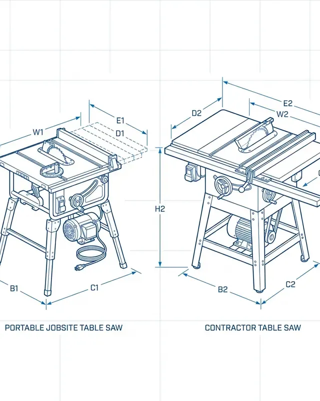 A portable jobsite table saw shown beside a heavier contractor table saw, highlighting the difference in table size, base structure, and motor layout.