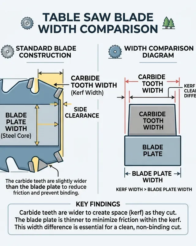 Diagram showing the difference in width between a table saw blade plate and its carbide teeth