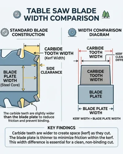 Diagram showing the difference in width between a table saw blade plate and its carbide teeth