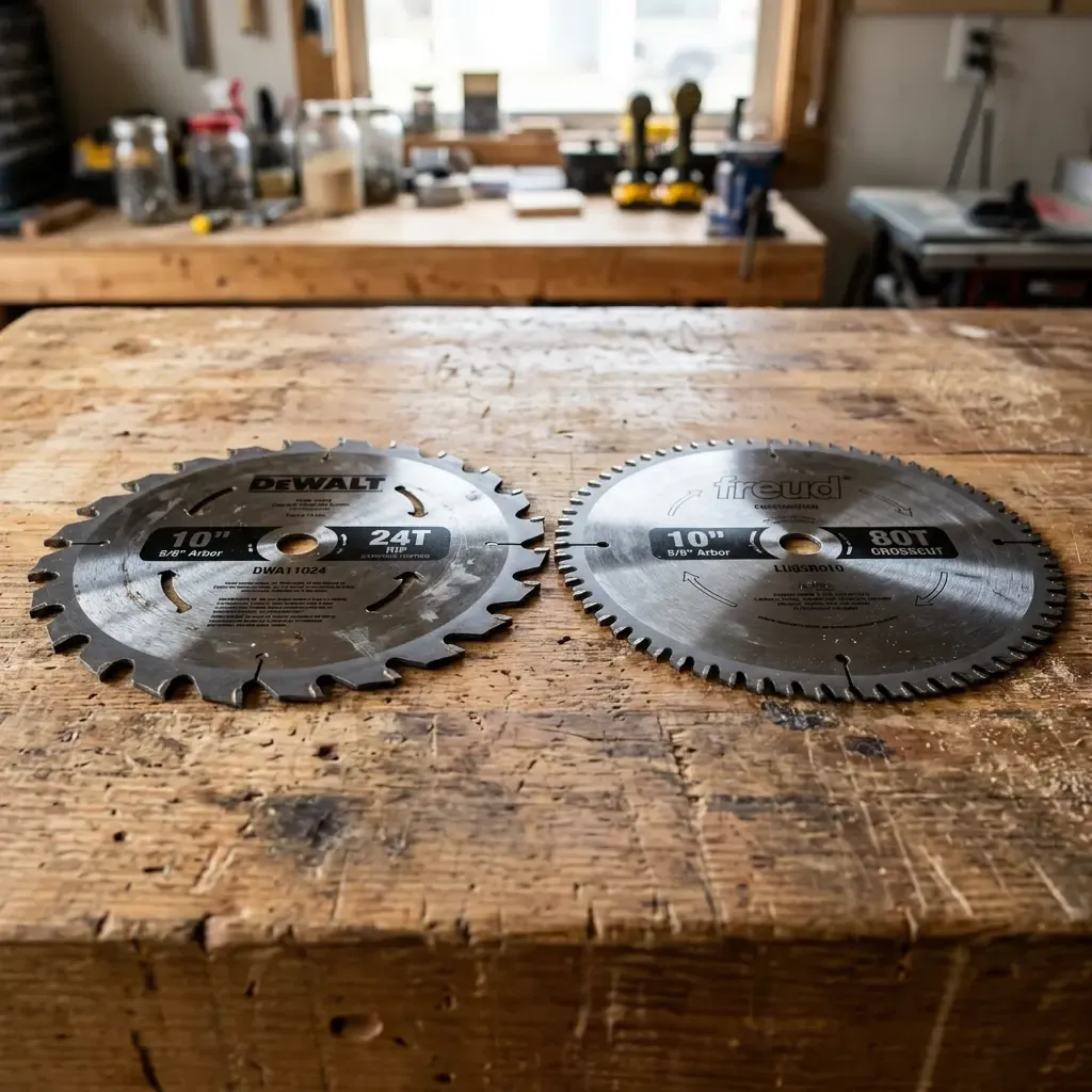 A rip table saw blade and a crosscut blade side by side on a workbench
