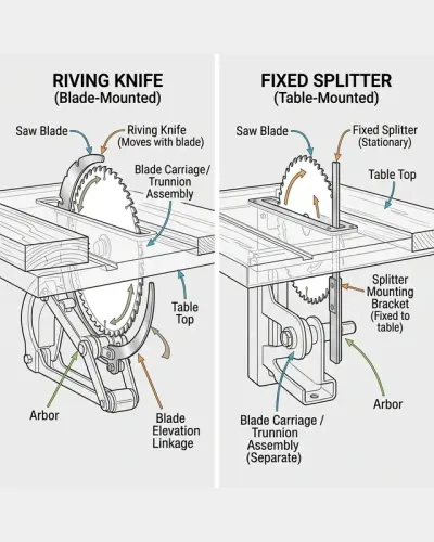 Side-by-side diagram comparing a table saw riving knife that moves with the blade carriage and a fixed splitter behind the blade.