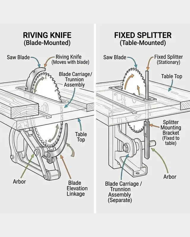 Side-by-side diagram comparing a table saw riving knife that moves with the blade carriage and a fixed splitter behind the blade.