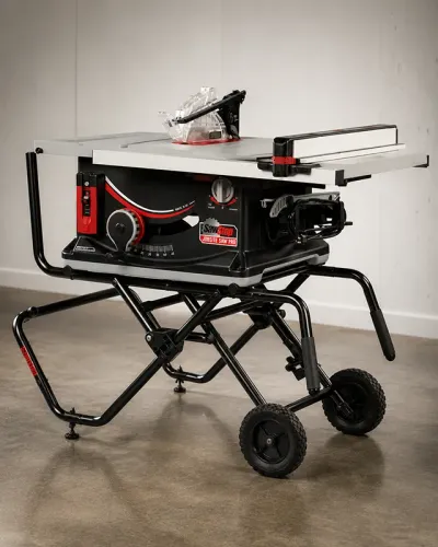 SawStop Jobsite Saw Pro set up on its mobile cart in a workshop setting