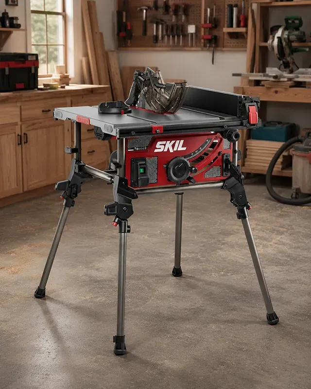 Skil TS6307-00 portable jobsite table saw setup with its integrated folding legs extended.
