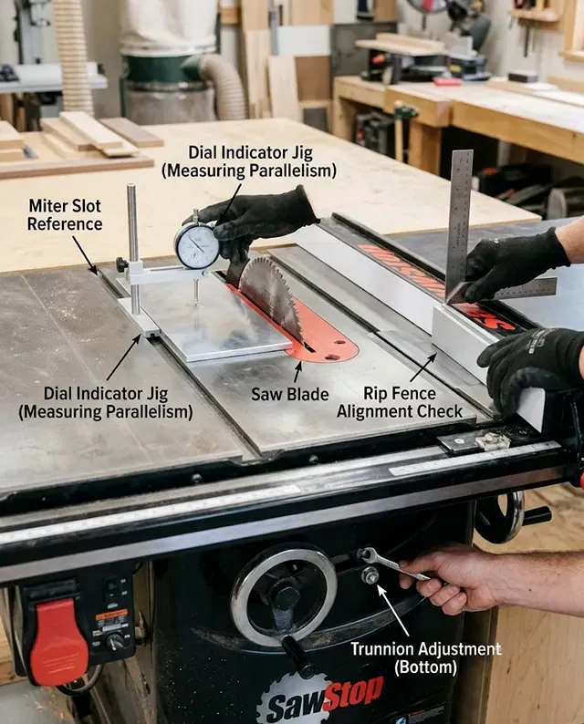 A dial indicator mounted in a miter slot measuring the distance to a table saw blade