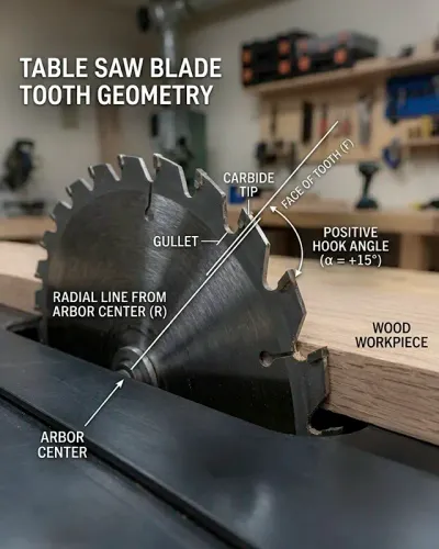 Close-up diagram of a table saw blade tooth showing hook angle relative to a radial line from the arbor center