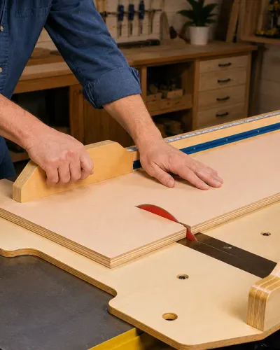 Woodworker guiding a plywood sheet through a table saw using a jig and high-tooth-count blade.