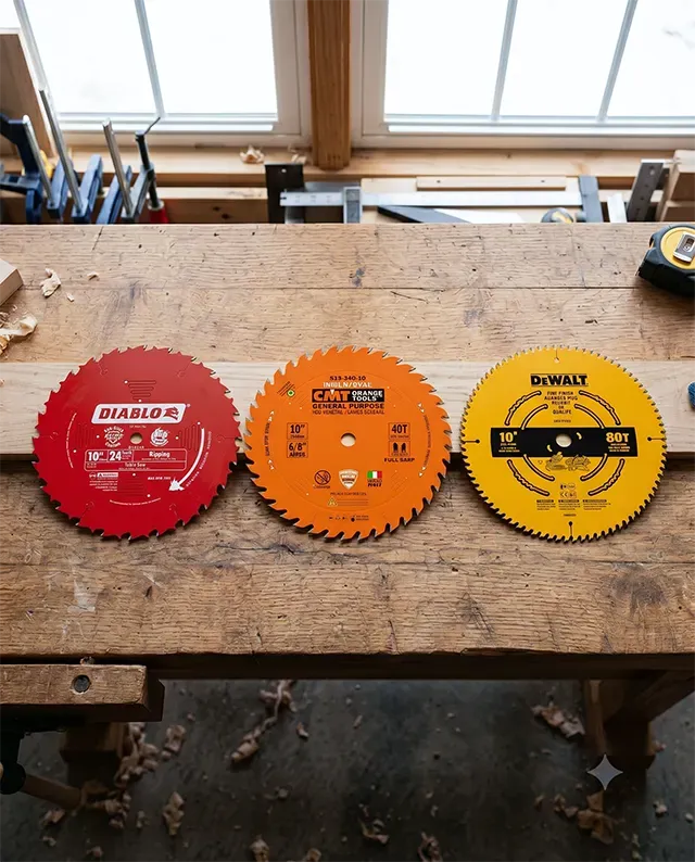 A side-by-side comparison of a 24-tooth rip blade, a 40-tooth combination blade, and an 80-tooth crosscut blade.