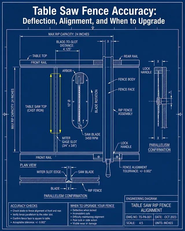 A mechanical diagram illustrating a table saw rip fence aligned parallel to a miter slot and blade.