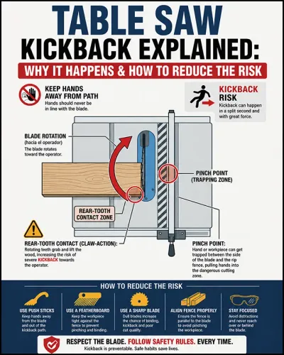Diagram showing table saw blade rotation, rear-tooth contact, and a pinch point near the rip fence.