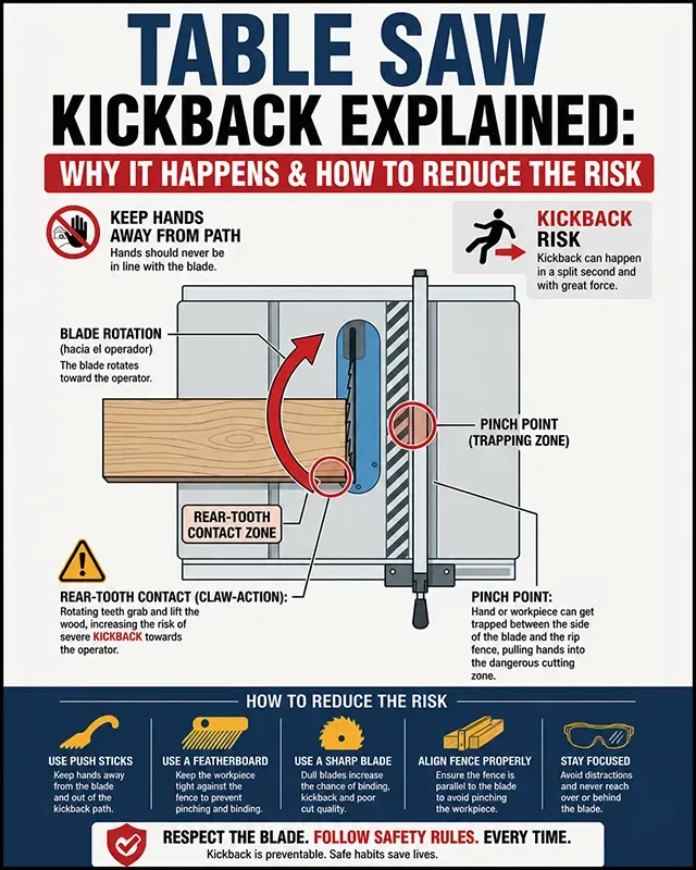 Diagram showing table saw blade rotation, rear-tooth contact, and a pinch point near the rip fence.