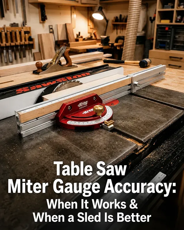 A precision aftermarket table saw miter gauge with an extended aluminum fence resting in a cast iron miter slot