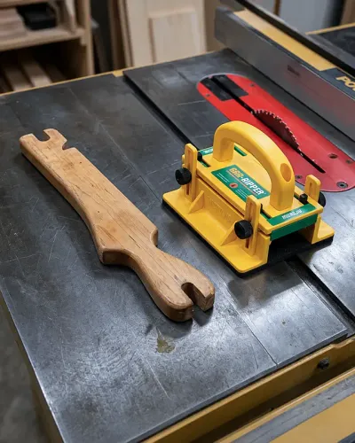 A traditional push stick and a friction-base push block placed on a cast iron table saw top.
