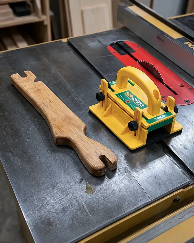 A traditional push stick and a friction-base push block placed on a cast iron table saw top.