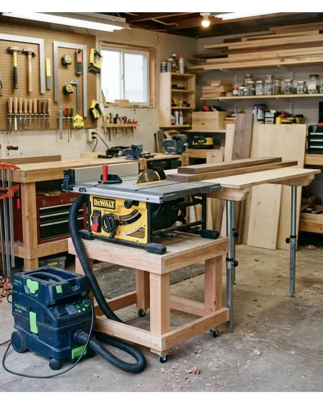 A compact table saw setup in a small garage with a folding outfeed table and shop vac attached
