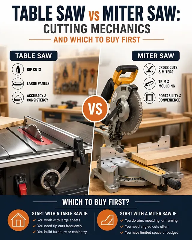 A table saw and a sliding compound miter saw stationed in a workshop