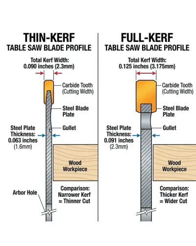 A side-by-side profile comparison of a thin-kerf and full-kerf table saw blade, highlighting the difference in carbide width and steel plate thickness.