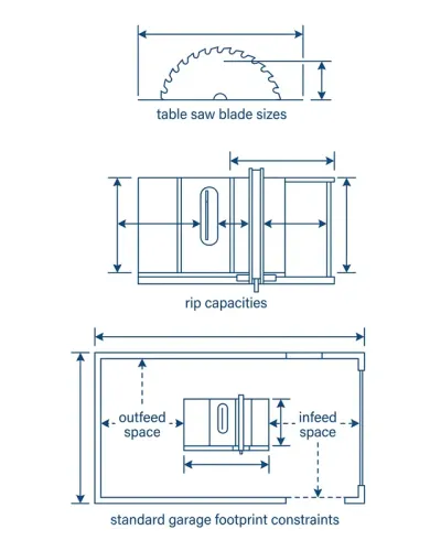 Diagram showing table saw blade sizes, rip capacities, and standard garage footprint constraints